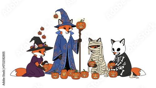 Enchanting Halloween Gathering: A charming illustration showcases an adorable ensemble of foxes in creative Halloween costumes. The scene is filled with carved pumpkins.