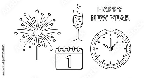 Happy new year celebration with fireworks champagne clock and calendar for coloring page activity fun