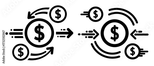 Vector art of money flow icon set, depicting the movement of funds in and out