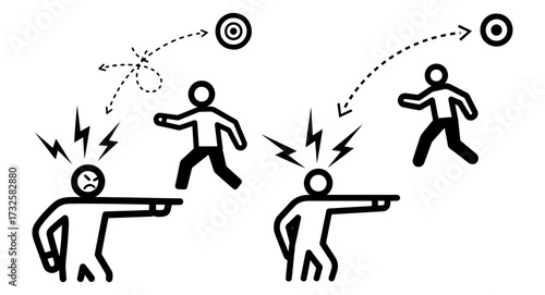 Vector art of stick figures illustrating blame game with angry person pointing finger