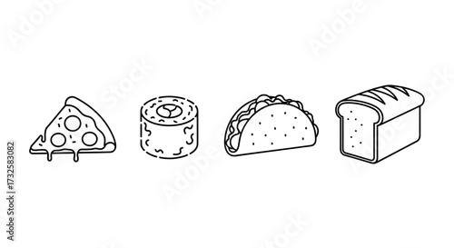 Isometric pizza slice, sushi roll, taco and bread loaf vector illustration for food menu and recipe design