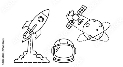 Outlined space exploration elements rocket satellite astronaut helmet moon vector illustration graphic design