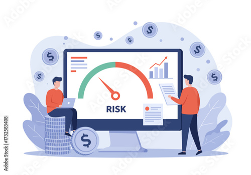 Business professionals analyzing financial risk with a computer screen displaying data and charts.