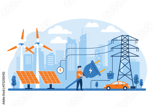 Renewable energy sources powering a city, including solar panels, wind turbines, and electric vehicle charging.