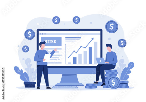 Two businessmen analyzing financial data on a large computer screen with charts and graphs, surrounded by floating dollar coins.