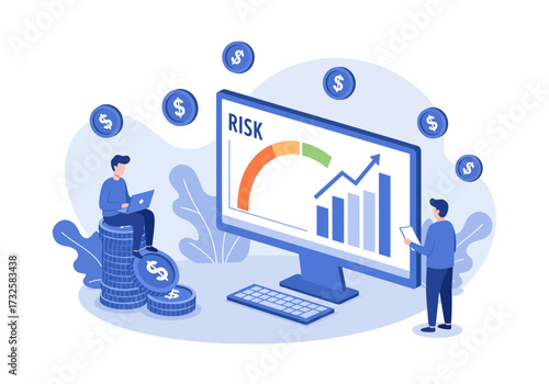 Financial risk management and investment growth analysis with people and digital tools, showing money and data visualization.