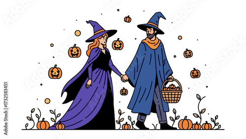 Halloween Couple in Costume: A pair of individuals in matching Halloween costumes, with pointed hats and flowing capes, stroll hand-in-hand through a festive pumpkin patch.