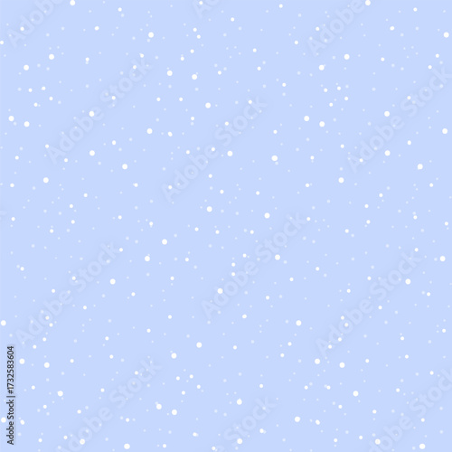 White snow falling on sky light blue background seamless pattern. Flat style snowfall repeating texture for Christmas greeting card or banner. Vector illustration. Two layers.