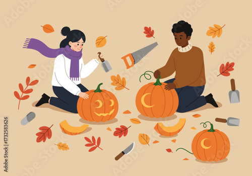 A diverse couple carving pumpkins together for Halloween amidst falling autumn leaves.