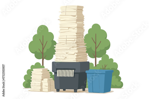 Paper shredder machine destroying a huge stack of documents. Recycling and data security concept. Office paperwork management, bureaucracy reduction and environmental protection.