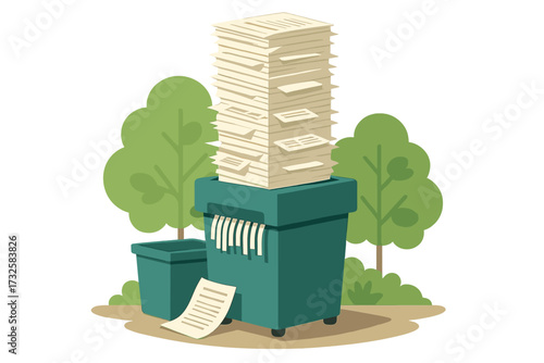 Paperwork reduction and recycling concept. Pile of documents on a shredder for data protection and information security. Office bureaucracy and paper waste management for sustainability.