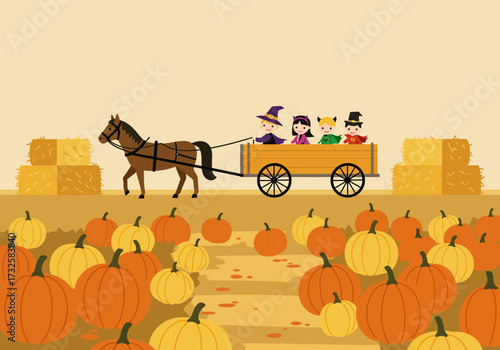Children in Halloween costumes enjoy a hayride in a horse-drawn cart through a pumpkin patch during autumn.