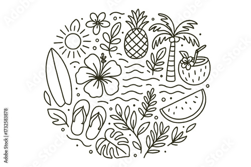 Aloha tropical paradise banner template. Round shape of Hawaiian vacation elements. Linear vector illustration. Cartoon icons of surf, sun, palm, pineapple, hibiscus, beach.