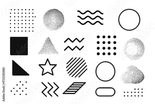 Collection of abstract geometric shapes and universal minimal forms. Retro Memphis 80s 90s style design elements with halftone texture. Brutalist bauhaus vector icon set for web.