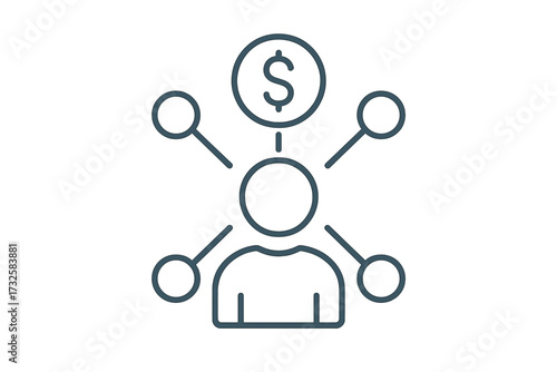 Affiliate marketing line icon. Influencer earning money. Referral program, network marketing monetization. Person with multiple income streams. Passive income and profit concept.