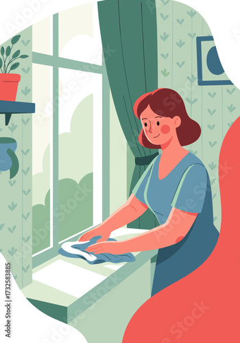Woman dusting the windowsill with a cloth in a cozy interior, cheerful atmosphere