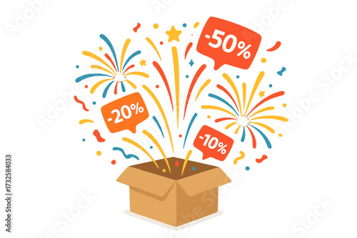Surprise box opening with exploding fireworks, confetti, and discount prices. Super sale concept for retail promotion. Special offer marketing vector illustration with percentages.