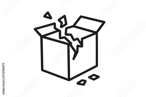 Broken box vector icon. Damaged package or parcel concept. Fragile cargo, shipping problem, delivery error. Crushed, cracked, open carton. Outline illustration for web, app.