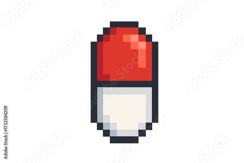 Pixel art pill icon. Medicine capsule symbol for retro 8-bit game. Health care drug sign. Pharmacy and medication concept. Red and white vitamin or antibiotic tablet vector.