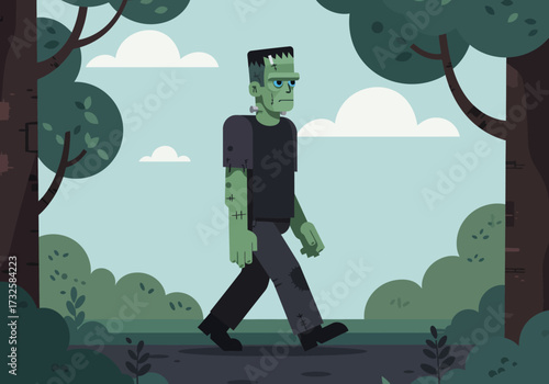 A cartoon illustration of Frankenstein's monster walking through a green forest with trees and bushes.
