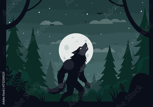 A werewolf howls at the full moon in a dark forest under a starry night sky with silhouetted trees.