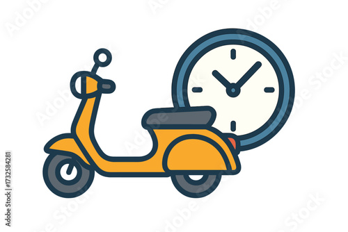 On-time delivery service concept. Fast express shipping by scooter or moped with clock. Logistics and transport business icon. Symbol of speed, schedule, deadline, and courier.