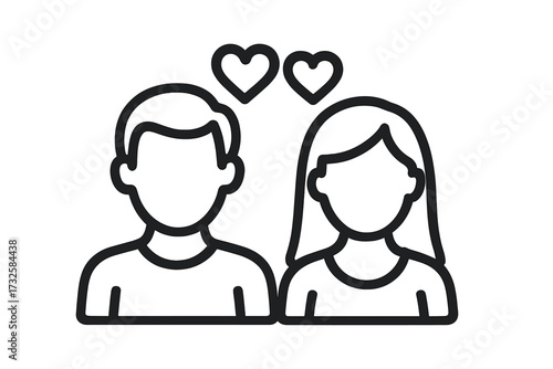 Couple in love icon with hearts. Man and woman relationship symbol. Vector line art illustration. Concept for romance, dating, partnership, valentine's day. People avatar pictogram.