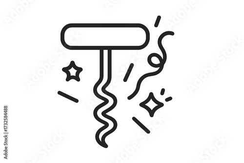 Corkscrew icon vector. Wine bottle opener for celebration, party, new year. Simple line art symbol with confetti. Minimalist doodle for holiday, event, bar, restaurant menu.