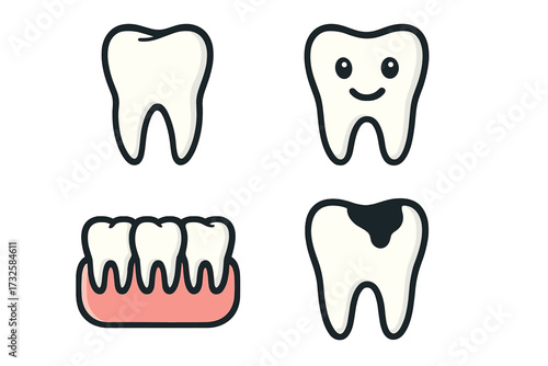 Dental care icon set. Tooth health concept. Healthy and decayed tooth collection. Stomatology, oral hygiene. Molar with caries and gums. Cute smiling character mascot. Vector.