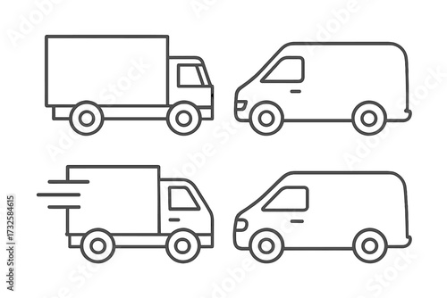 Delivery truck and van icons set. Line art vector collection for shipping and logistics. Fast express transport symbol. Commercial vehicle, cargo freight outline. Editable stroke.