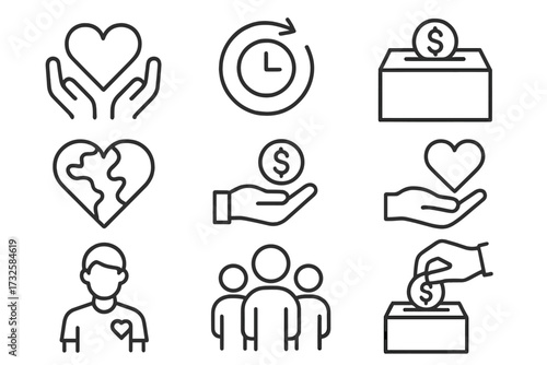 Donation and charity line icons set. Vector illustration of fundraising, giving money, and volunteering. Symbols for nonprofit, donor, community, help, support, and social work.