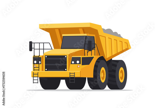 Illustration of a yellow dump truck with a full load of gravel on a white background.