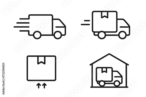 Logistics and delivery service line icon set. Vector illustration of a fast shipping truck, cargo box, warehouse depot, and freight collection for e-commerce business.