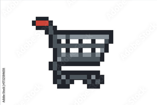 Shopping cart pixel art icon for e-commerce. Online store and webshop symbol. Retro 8-bit graphic for buying, checkout, order and digital purchase. Add to basket vector.