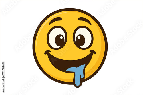 Hungry emoticon character salivating. Vector icon of a drooling smiley face. Yummy, delicious food craving concept. Cartoon emoji with appetite. Isolated illustration.
