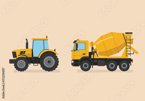 Two yellow construction vehicles, a tractor and a cement mixer truck, on a plain background.