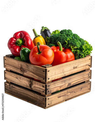 Wooden crate filled with colorful fresh vegetables