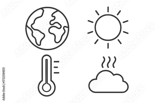 Global warming and climate change icon set. Planet Earth, sun, thermometer, and evaporation symbols. Ecology and environment concept. Weather and temperature line art vector.