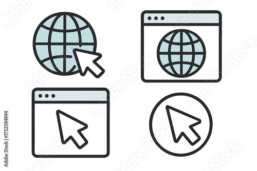 Go to web icon set. Line art vector illustrations of internet browser, website link, and mouse cursor click. Online network, global communication, www navigation symbols.
