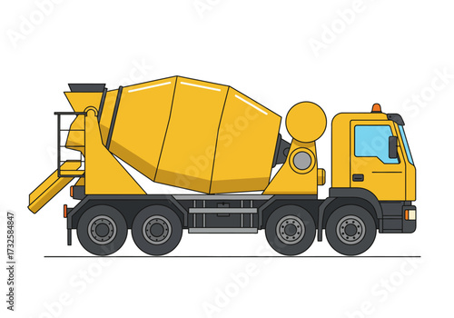 Side view illustration of a yellow concrete mixer truck, used for construction and transport.