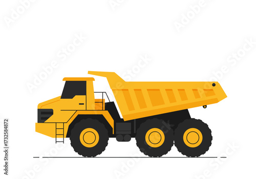 A large yellow heavy-duty dump truck shown in a side profile view, presented as a flat vector illustration on a white background.