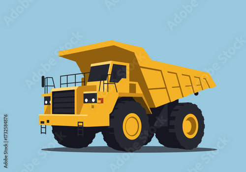 A bright yellow mining dump truck with large wheels is depicted in a side profile against a solid light blue background.