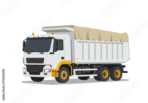 A white dump truck with a tan tarp covering its cargo bed, parked on a white background.
