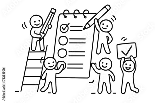 Cute cartoon characters work as team on a giant to do list. Doodle illustration concept of teamwork, efficiency, planning, project management, collaboration and organization.