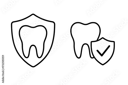 Tooth protection and dental insurance vector icon set. Outline illustration of a tooth with a shield and check mark. Symbol for security, safety and guaranteed dental care.