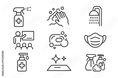 Vector hygiene and cleaning icon set. Line art symbols for health, safety, and sanitation. Includes hand washing, soap, antiseptic, face mask, shower, and disinfectant items.