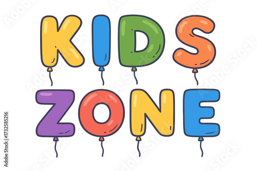 Kids Zone vector lettering made of helium balloons. Colorful cartoon text for children's party decoration. Fun typography for playroom, playground, or nursery. Balloon alphabet.