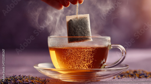 Close up of an Asian hand brewing hot tea bag in glass cup. relaxing steam rises from warm drink, perfect morning beverage