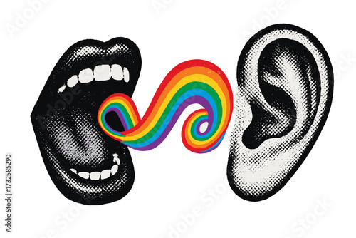 LGBT pride month communication concept. Open mouth with rainbow tongue speaks to ear. Halftone collage in punk grunge style. Hearing, listening, whispering, gossip, secret message. Vector.
