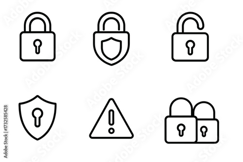 Set of security line icons. Padlock, protection shield, unlock, safe access, and warning sign symbols. Vector graphic illustration for web, data privacy, and safety concepts.